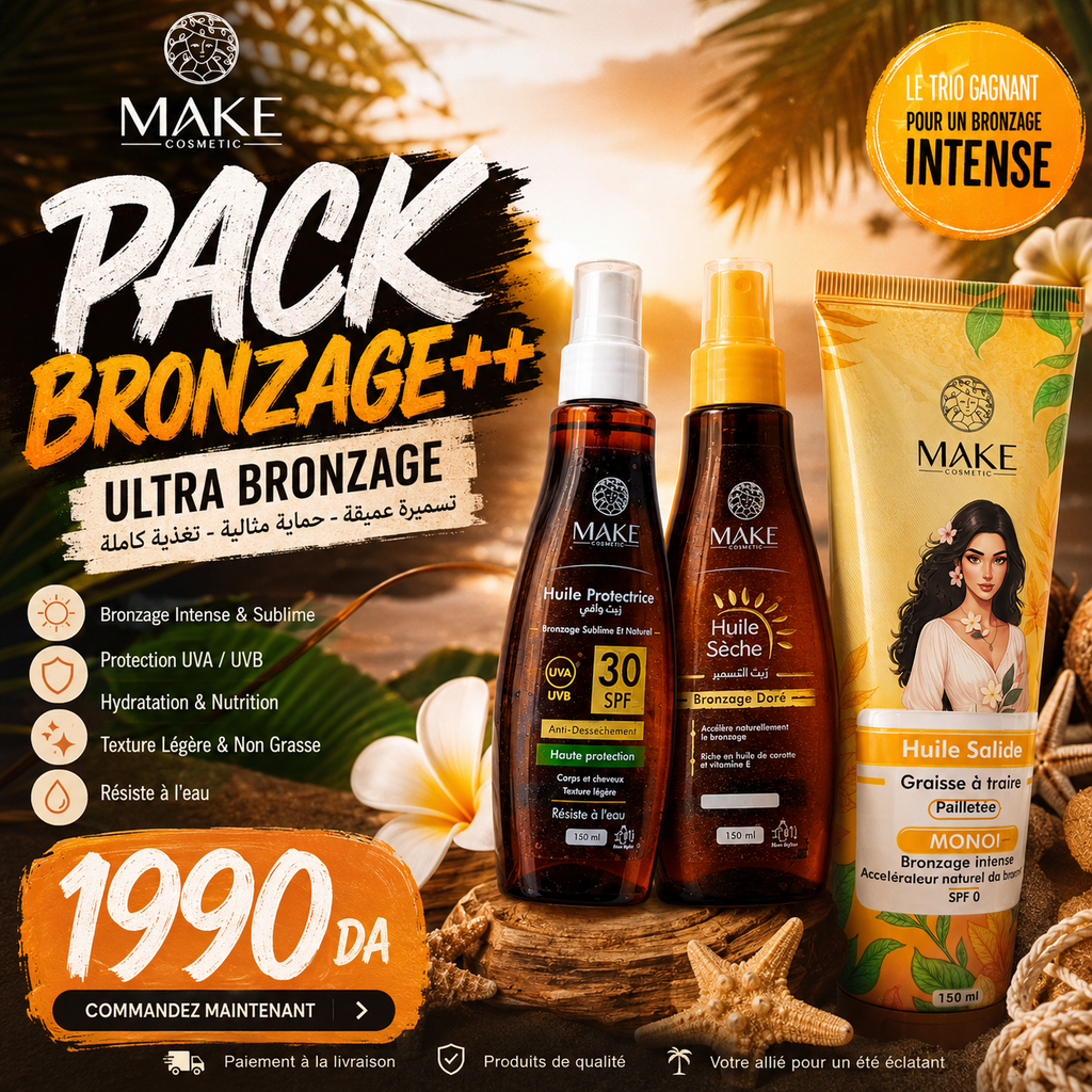 Pack Bronzage++ – Huile SPF 30 + Huile Sèche + Huile Solide Monoï Pailletée