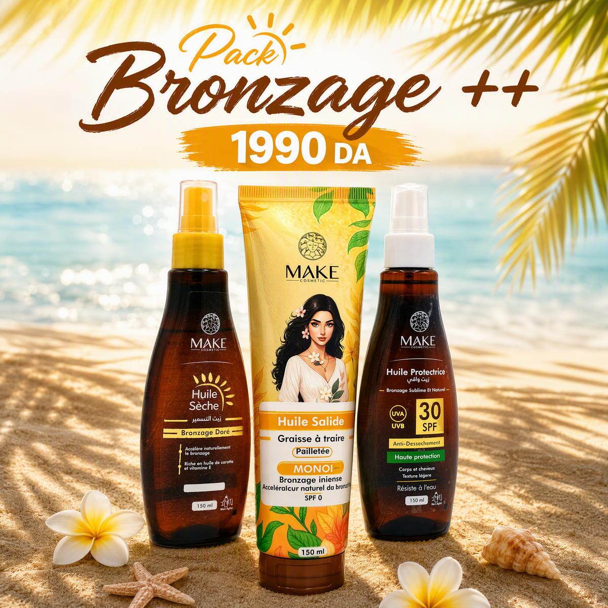 Pack Bronzage++ – Huile SPF 30 + Huile Sèche + Huile Solide Monoï Pailletée