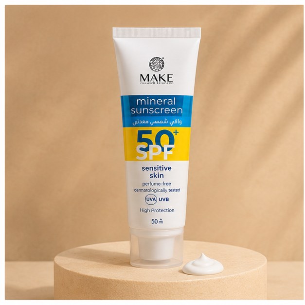 Étape 1 protéger : écran solaire minéral MAKE SPF 50+ pour peaux sensibles, avec une noisette de crème Image