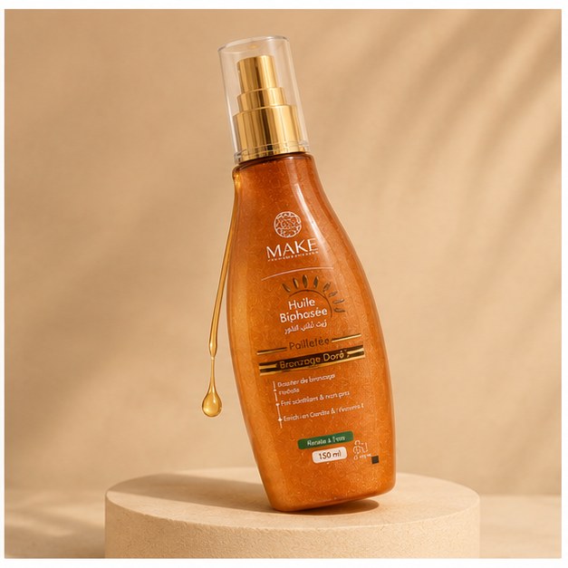 Étape 3 sublimer : huile biphasée pailletée MAKE bronzage doré, goutte en suspension Image