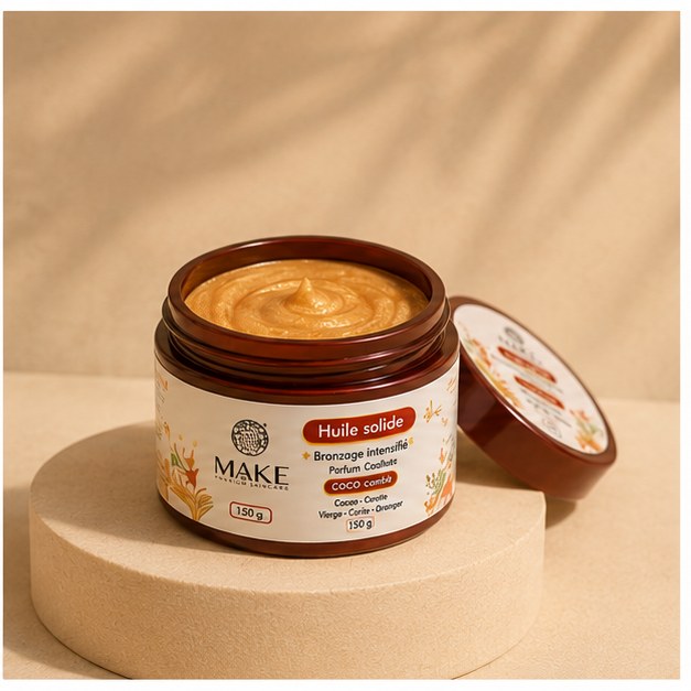 Étape 4 renouveler : pot d'huile solide MAKE bronzage intense ouvert, texture ambrée Image