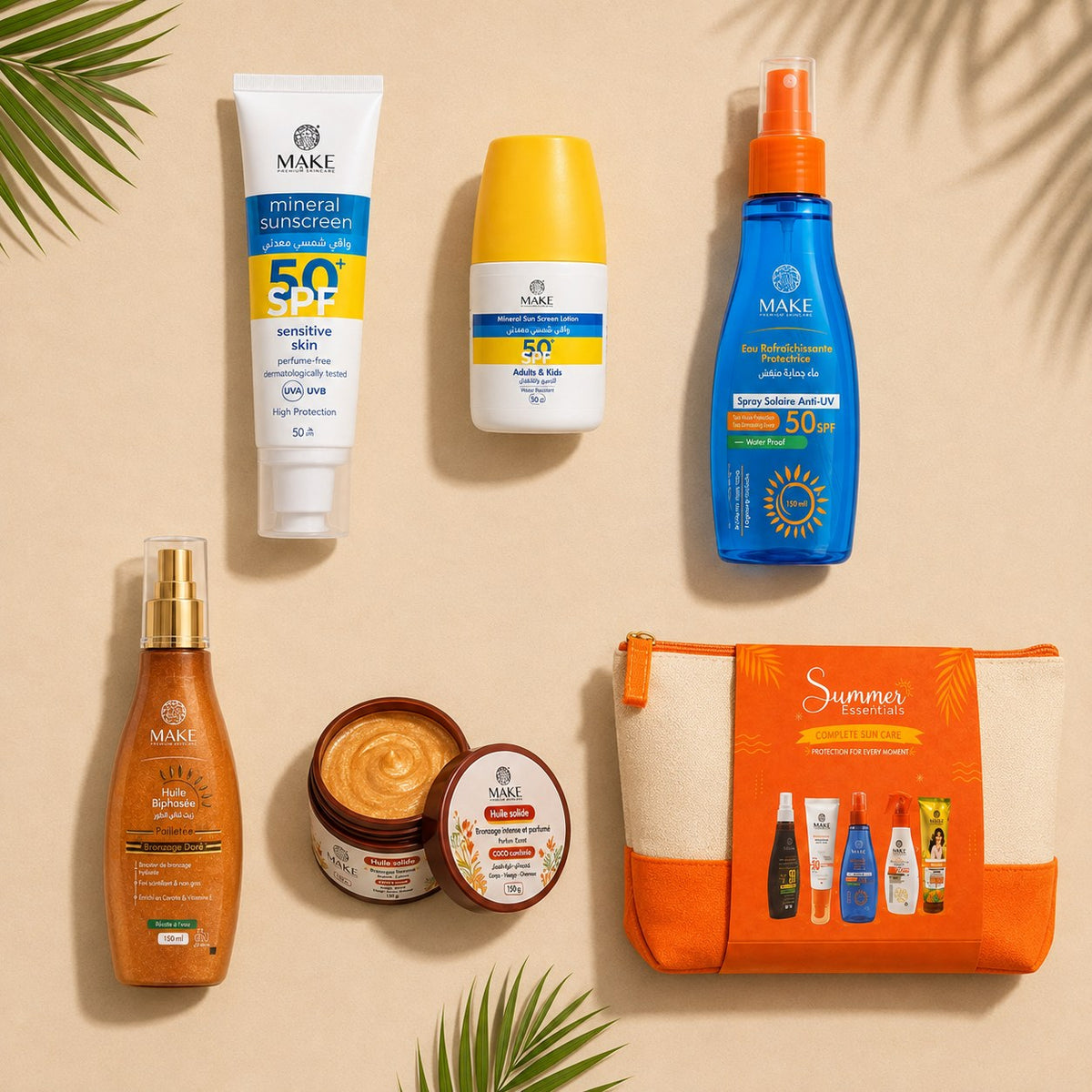 Contenu du Pack Pure Mineral vu de dessus : écran minéral SPF 50+, lotion minérale, brume, huiles bronzage et pochette Image
