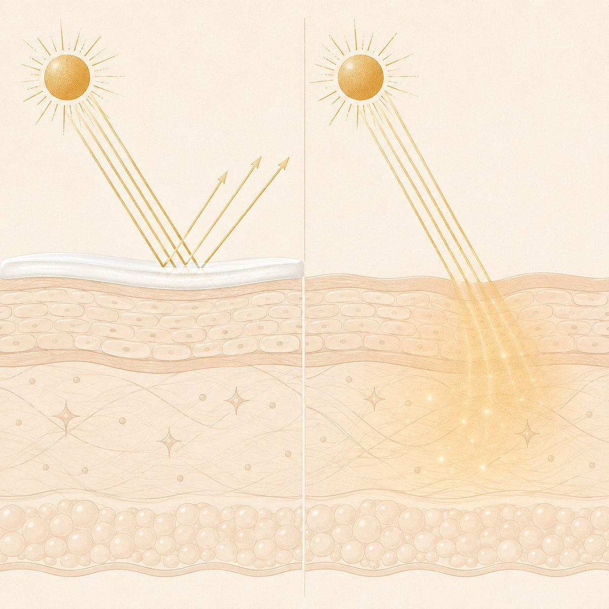 Schéma : le filtre minéral reste en surface et réfléchit les UV, le filtre classique pénètre la peau Image