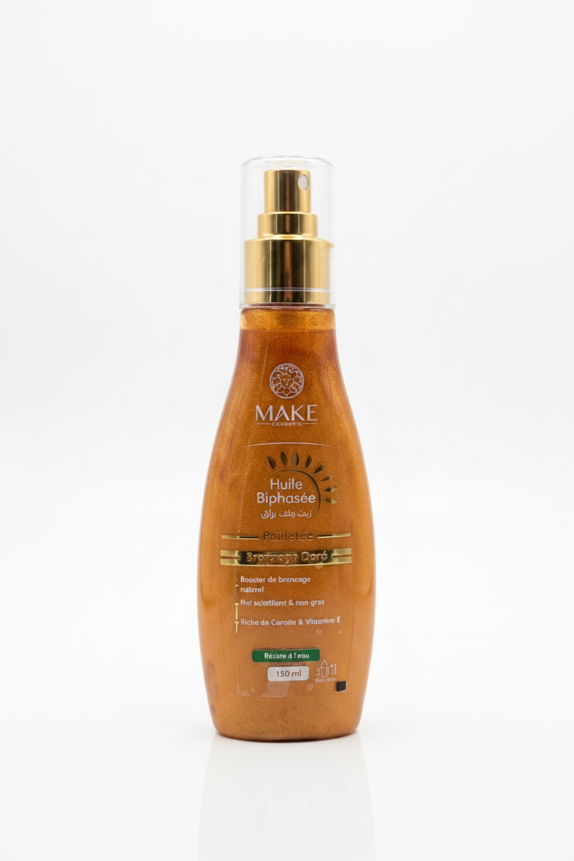 MAKE Cosmetic – Huile Biphasée Pailletée Bronzage Doré (150 ml)